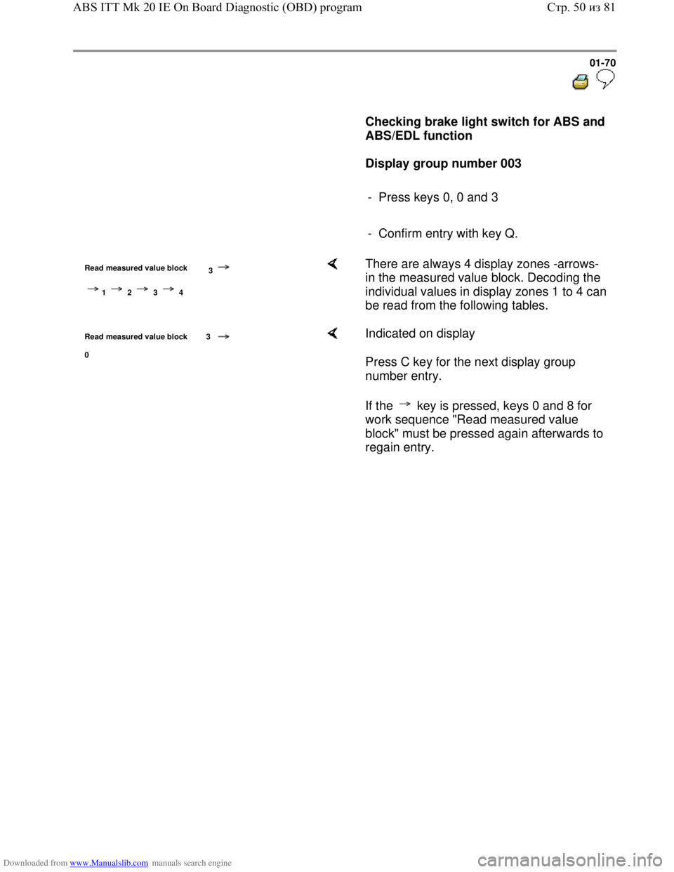 VOLKSWAGEN BORA 1998  Service Manual Downloaded from www.Manualslib.com manuals search engine 01-70
  
 
     
Checking brake light switch for ABS and 
ABS/EDL function  
     
Display group number 003 
     
-  Press keys 0, 0 and 3 
  