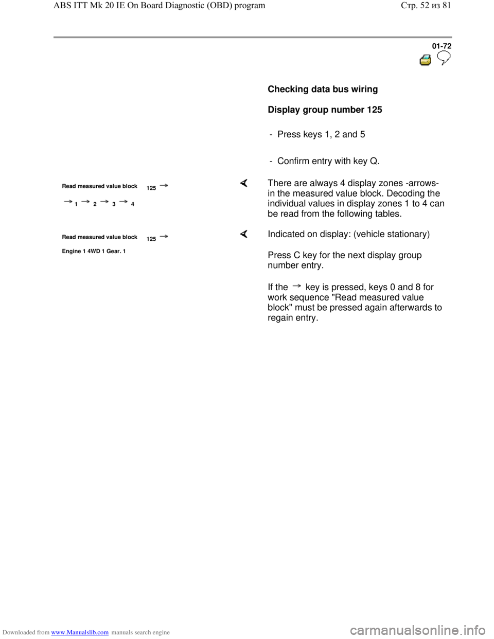 VOLKSWAGEN BORA 1998  Service Manual Downloaded from www.Manualslib.com manuals search engine 01-72
  
 
     
Checking data bus wiring  
     
Display group number 125 
     
-  Press keys 1, 2 and 5 
     
-  Confirm entry with key Q. 