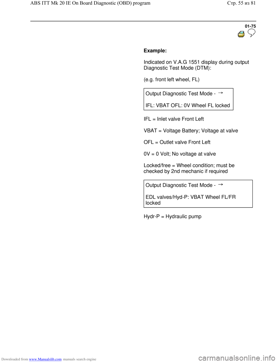 VOLKSWAGEN BORA 1998  Service Manual Downloaded from www.Manualslib.com manuals search engine 01-75
  
 
     
Example:  
      Indicated on V.A.G 1551 display during output 
Diagnostic Test Mode (DTM):  
      (e.g. front left wheel, FL