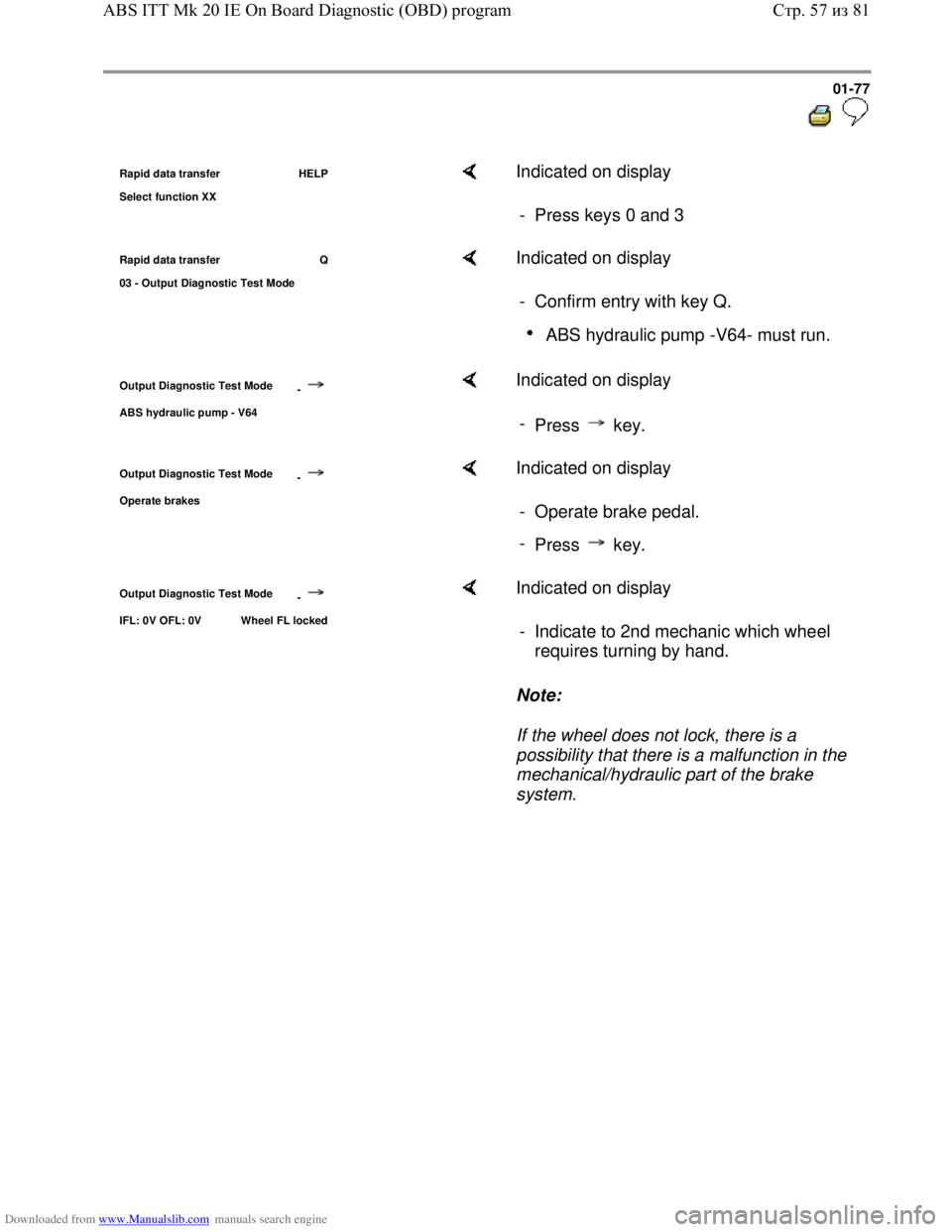 VOLKSWAGEN BORA 1998  Service Manual Downloaded from www.Manualslib.com manuals search engine 01-77
  
 
Rapid data transfer  HELP
Select function XX    Indicated on display  
-  Press keys 0 and 3 
Rapid data transfer  Q
03 - Out
put Di