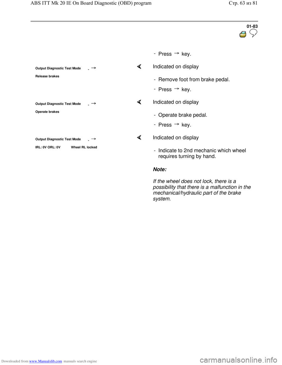VOLKSWAGEN BORA 1998  Service Manual Downloaded from www.Manualslib.com manuals search engine 01-83
  
 
     
- 
Press  key.
Output Diagnostic Test Mode 
-
Release brakes
    Indicated on display  
-  Remove foot from brake pedal.
- 
Pr