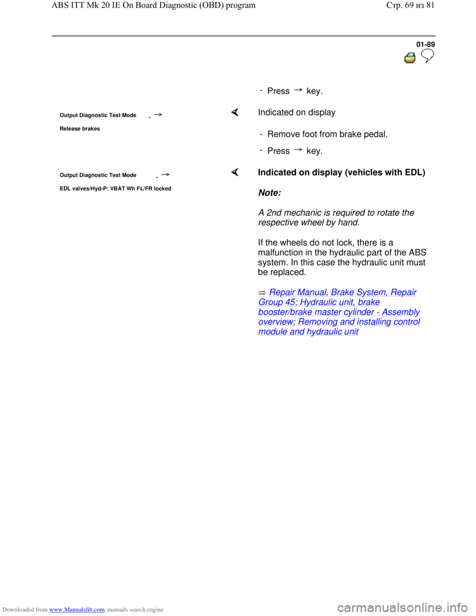 VOLKSWAGEN BORA 1998  Service Manual Downloaded from www.Manualslib.com manuals search engine 01-89
  
 
     
- 
Press  key.
Output Diagnostic Test Mode 
-
Release brakes
    Indicated on display  
-  Remove foot from brake pedal.
- 
Pr