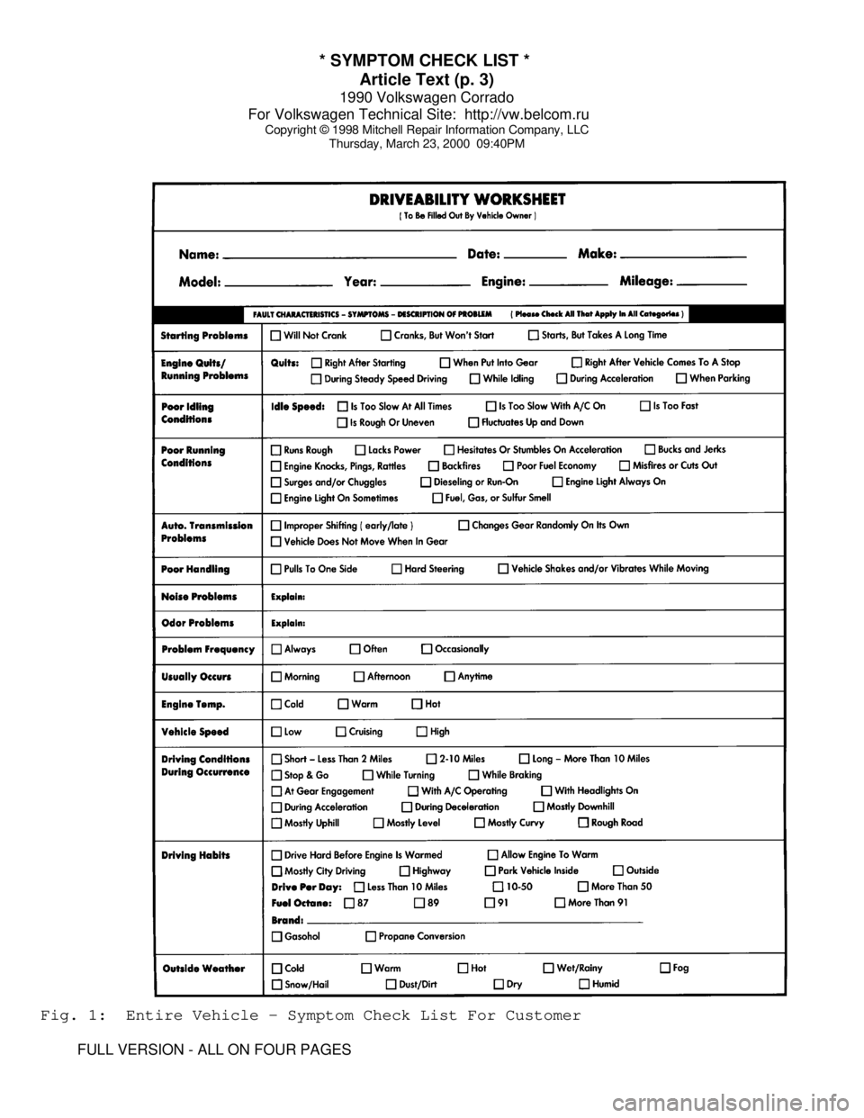 VOLKSWAGEN CORRADO 1990  Repair Manual * SYMPTOM CHECK LIST * 
Article Text (p. 3)
1990 Volkswagen Corrado
For Volkswagen Technical Site:  http://vw.belcom.ru    
Copyright © 1998 Mitchell Repair Information Company, LLC
Thursday, March 2