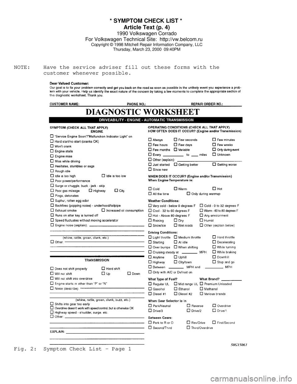 VOLKSWAGEN CORRADO 1990  Repair Manual * SYMPTOM CHECK LIST * 
Article Text (p. 4)
1990 Volkswagen Corrado
For Volkswagen Technical Site:  http://vw.belcom.ru    
Copyright © 1998 Mitchell Repair Information Company, LLC
Thursday, March 2