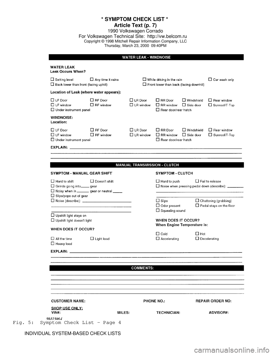 VOLKSWAGEN CORRADO 1990  Repair Manual * SYMPTOM CHECK LIST * 
Article Text (p. 7)
1990 Volkswagen Corrado
For Volkswagen Technical Site:  http://vw.belcom.ru    
Copyright © 1998 Mitchell Repair Information Company, LLC
Thursday, March 2