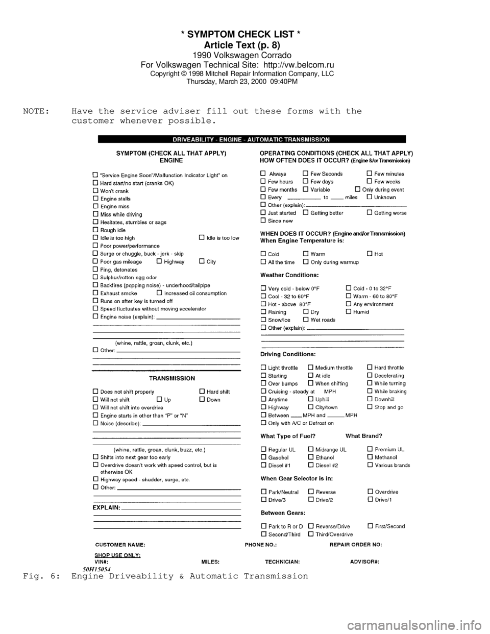 VOLKSWAGEN CORRADO 1990  Repair Manual * SYMPTOM CHECK LIST * 
Article Text (p. 8)
1990 Volkswagen Corrado
For Volkswagen Technical Site:  http://vw.belcom.ru    
Copyright © 1998 Mitchell Repair Information Company, LLC
Thursday, March 2