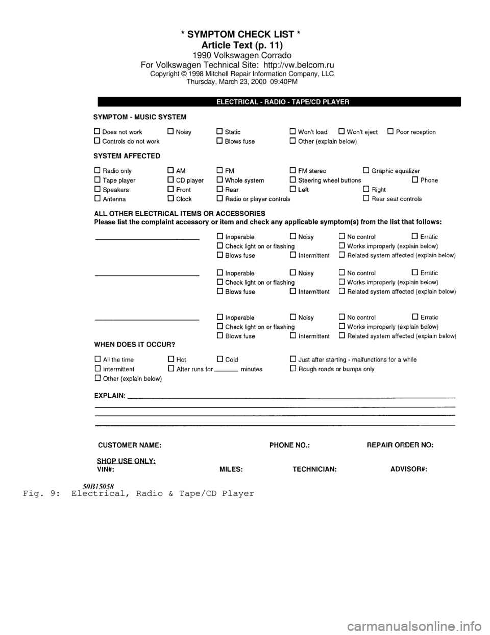 VOLKSWAGEN CORRADO 1990  Repair Manual * SYMPTOM CHECK LIST * 
Article Text (p. 11)
1990 Volkswagen Corrado
For Volkswagen Technical Site:  http://vw.belcom.ru    
Copyright © 1998 Mitchell Repair Information Company, LLC
Thursday, March 