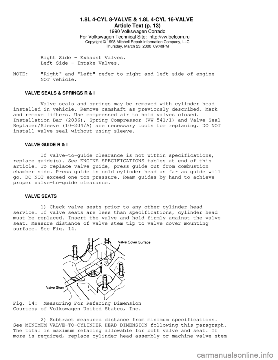 VOLKSWAGEN CORRADO 1990  Repair Manual 1.8L 4-CYL 8-VALVE & 1.8L 4-CYL 16-VALVE 
Article Text (p. 13)
1990 Volkswagen Corrado
For Volkswagen Technical Site:  http://vw.belcom.ru    
Copyright © 1998 Mitchell Repair Information Company, LL