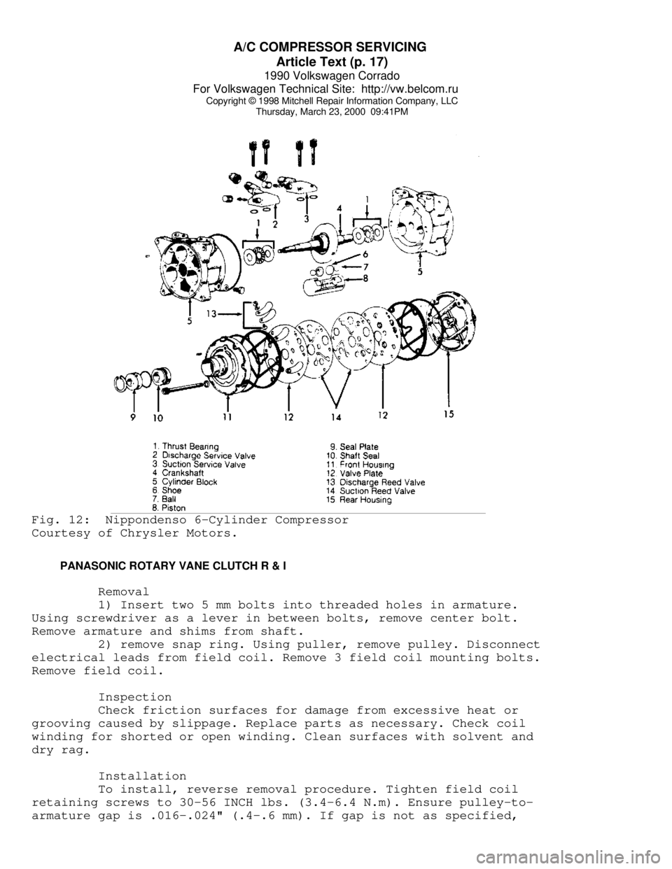 VOLKSWAGEN CORRADO 1990  Repair Manual A/C COMPRESSOR SERVICING 
Article Text (p. 17)
1990 Volkswagen Corrado
For Volkswagen Technical Site:  http://vw.belcom.ru    
Copyright © 1998 Mitchell Repair Information Company, LLC
Thursday, Marc