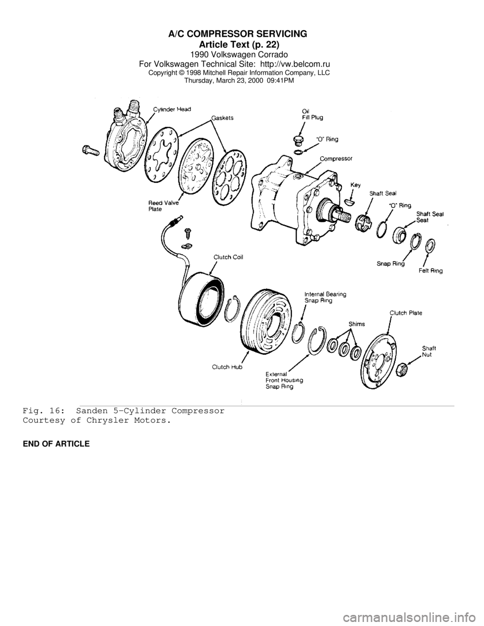 VOLKSWAGEN CORRADO 1990  Repair Manual A/C COMPRESSOR SERVICING 
Article Text (p. 22)
1990 Volkswagen Corrado
For Volkswagen Technical Site:  http://vw.belcom.ru    
Copyright © 1998 Mitchell Repair Information Company, LLC
Thursday, Marc