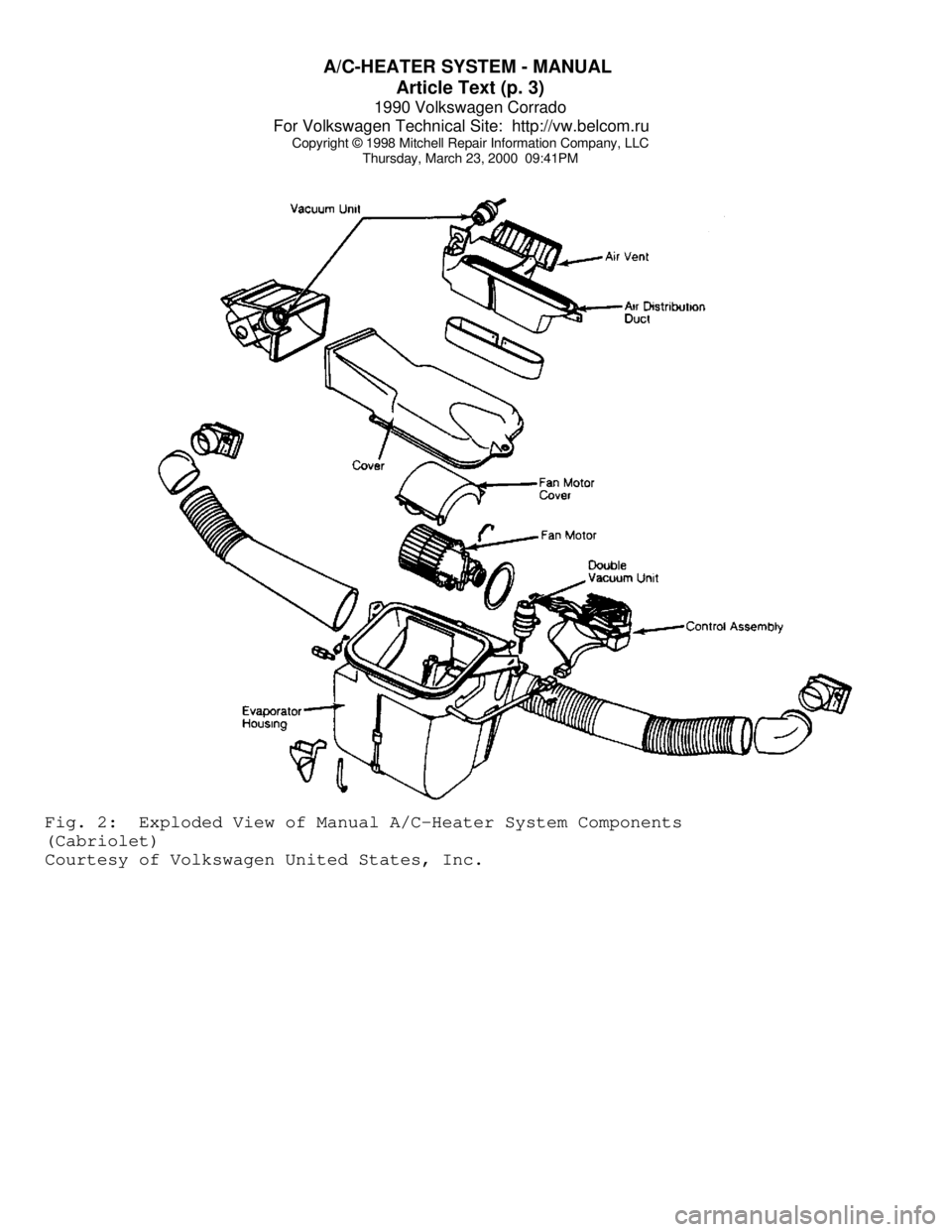 VOLKSWAGEN CORRADO 1990  Repair Manual A/C-HEATER SYSTEM - MANUAL 
Article Text (p. 3)
1990 Volkswagen Corrado
For Volkswagen Technical Site:  http://vw.belcom.ru    
Copyright © 1998 Mitchell Repair Information Company, LLC
Thursday, Mar