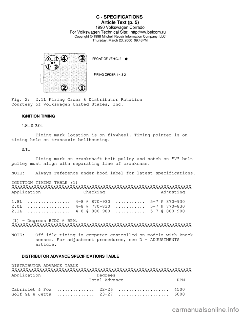 VOLKSWAGEN CORRADO 1990  Repair Manual C - SPECIFICATIONS 
Article Text (p. 5)
1990 Volkswagen Corrado
For Volkswagen Technical Site:  http://vw.belcom.ru    
Copyright © 1998 Mitchell Repair Information Company, LLC
Thursday, March 23, 2