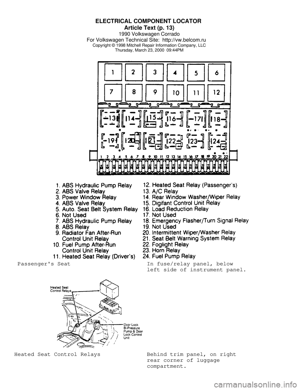 VOLKSWAGEN CORRADO 1990  Repair Manual ELECTRICAL COMPONENT LOCATOR 
Article Text (p. 13)
1990 Volkswagen Corrado
For Volkswagen Technical Site:  http://vw.belcom.ru    
Copyright © 1998 Mitchell Repair Information Company, LLC
Thursday, 