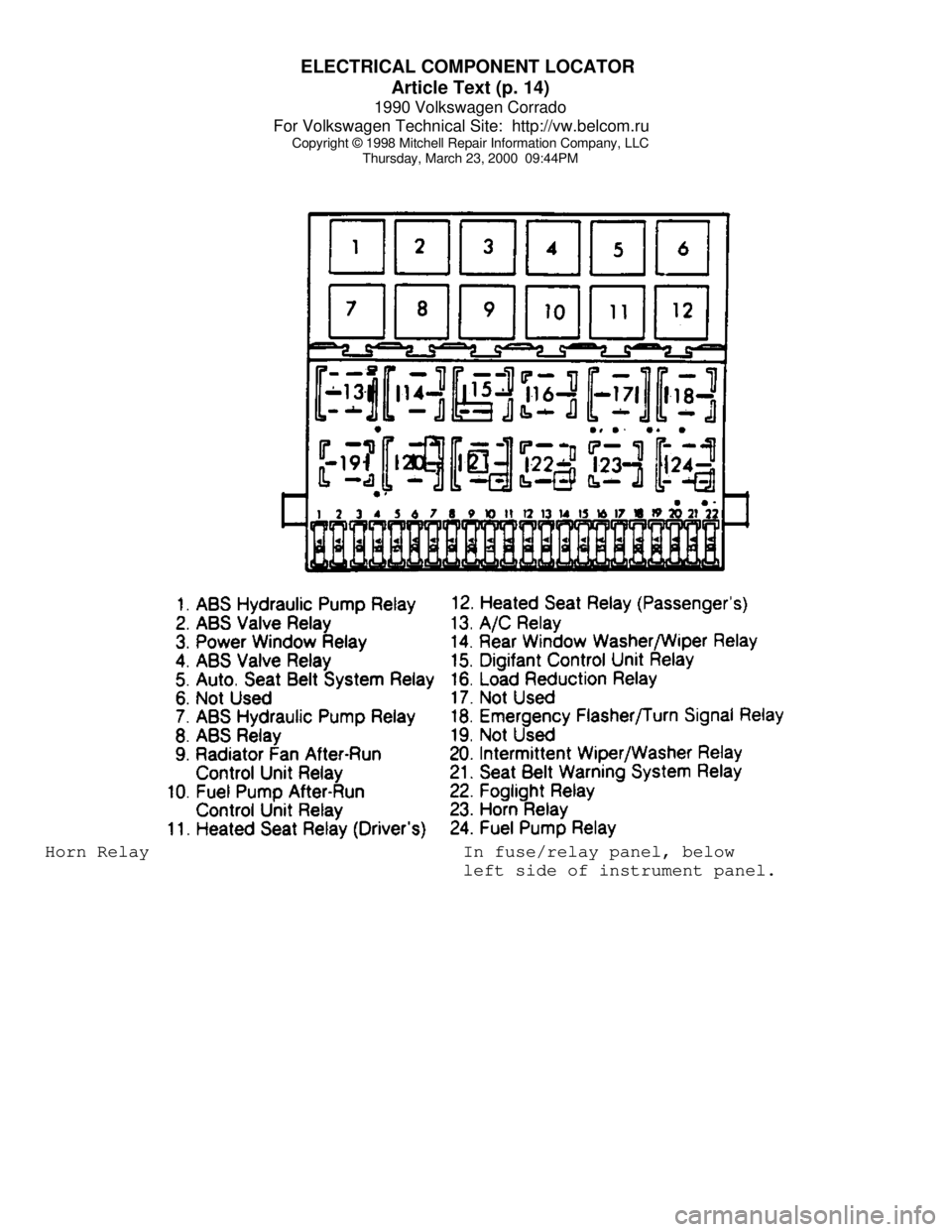 VOLKSWAGEN CORRADO 1990  Repair Manual ELECTRICAL COMPONENT LOCATOR 
Article Text (p. 14)
1990 Volkswagen Corrado
For Volkswagen Technical Site:  http://vw.belcom.ru    
Copyright © 1998 Mitchell Repair Information Company, LLC
Thursday, 