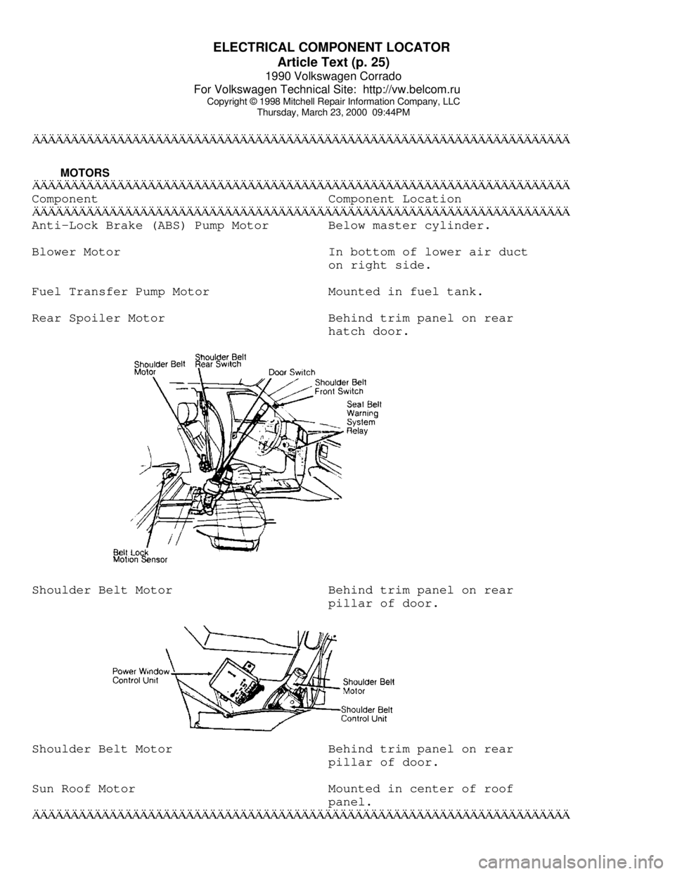 VOLKSWAGEN CORRADO 1990  Repair Manual ELECTRICAL COMPONENT LOCATOR 
Article Text (p. 25)
1990 Volkswagen Corrado
For Volkswagen Technical Site:  http://vw.belcom.ru    
Copyright © 1998 Mitchell Repair Information Company, LLC
Thursday, 