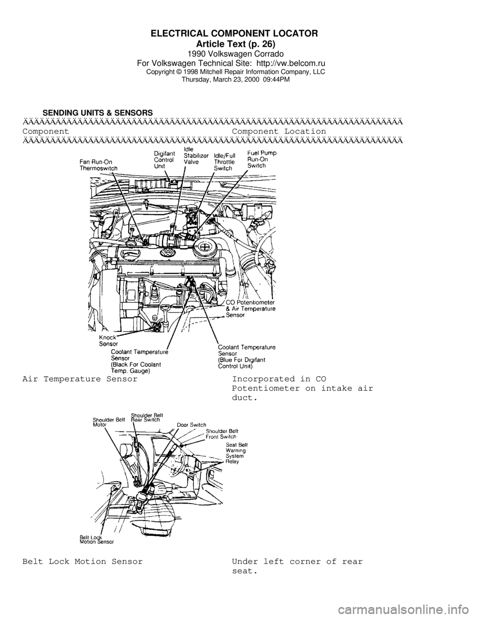 VOLKSWAGEN CORRADO 1990  Repair Manual ELECTRICAL COMPONENT LOCATOR 
Article Text (p. 26)
1990 Volkswagen Corrado
For Volkswagen Technical Site:  http://vw.belcom.ru    
Copyright © 1998 Mitchell Repair Information Company, LLC
Thursday, 