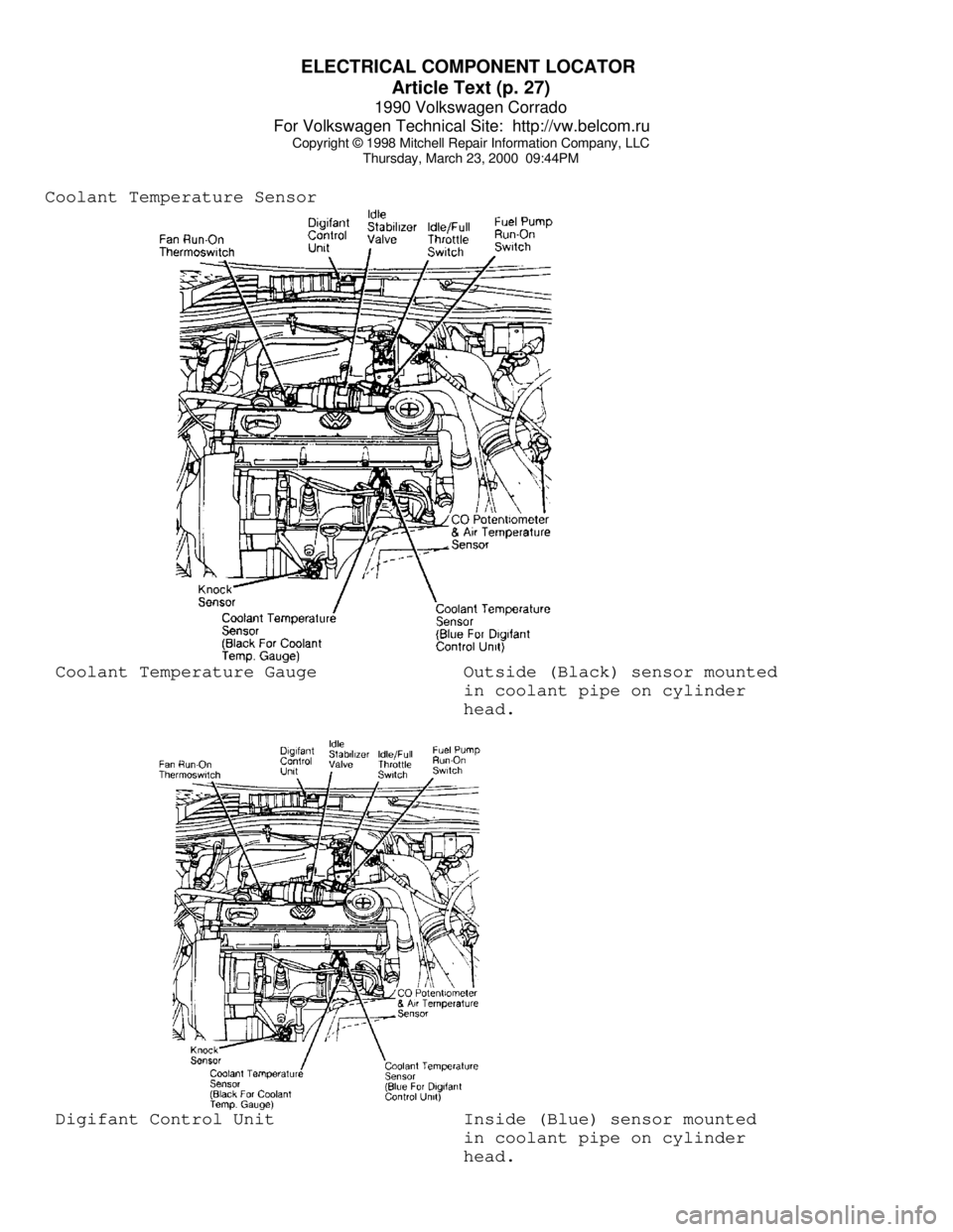 VOLKSWAGEN CORRADO 1990  Repair Manual ELECTRICAL COMPONENT LOCATOR 
Article Text (p. 27)
1990 Volkswagen Corrado
For Volkswagen Technical Site:  http://vw.belcom.ru    
Copyright © 1998 Mitchell Repair Information Company, LLC
Thursday, 