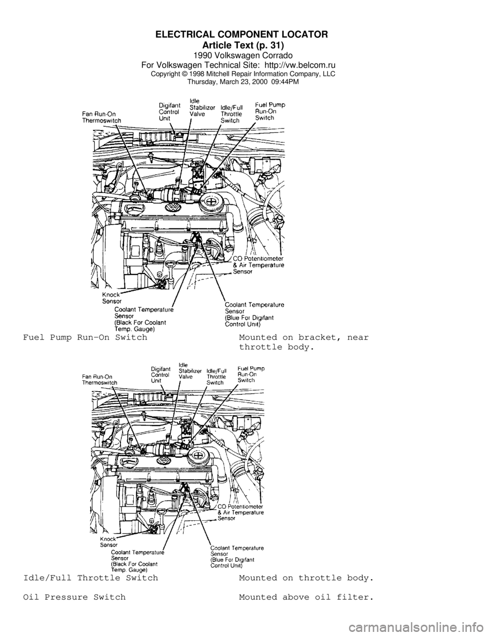 VOLKSWAGEN CORRADO 1990  Repair Manual ELECTRICAL COMPONENT LOCATOR 
Article Text (p. 31)
1990 Volkswagen Corrado
For Volkswagen Technical Site:  http://vw.belcom.ru    
Copyright © 1998 Mitchell Repair Information Company, LLC
Thursday, 