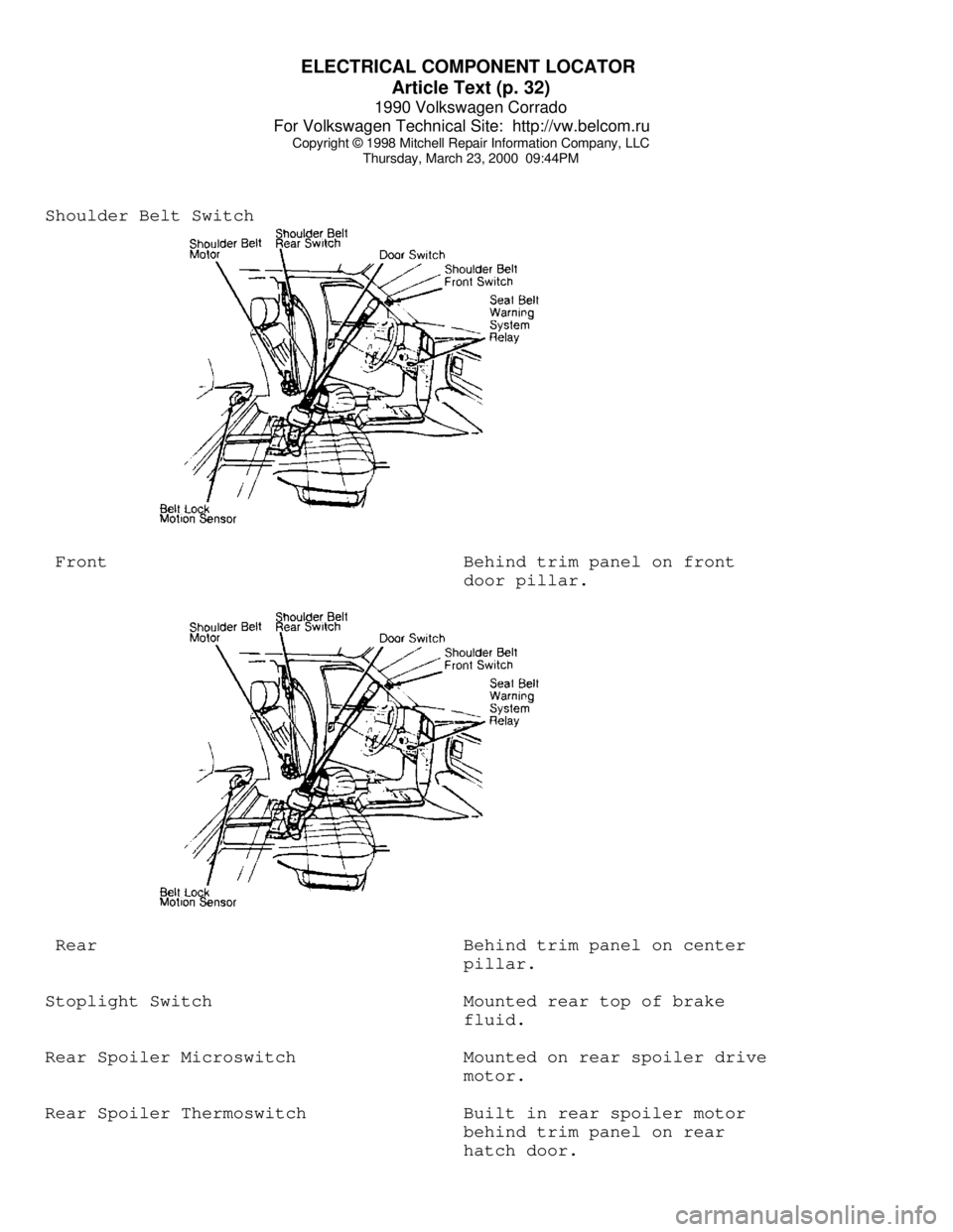 VOLKSWAGEN CORRADO 1990  Repair Manual ELECTRICAL COMPONENT LOCATOR 
Article Text (p. 32)
1990 Volkswagen Corrado
For Volkswagen Technical Site:  http://vw.belcom.ru    
Copyright © 1998 Mitchell Repair Information Company, LLC
Thursday, 