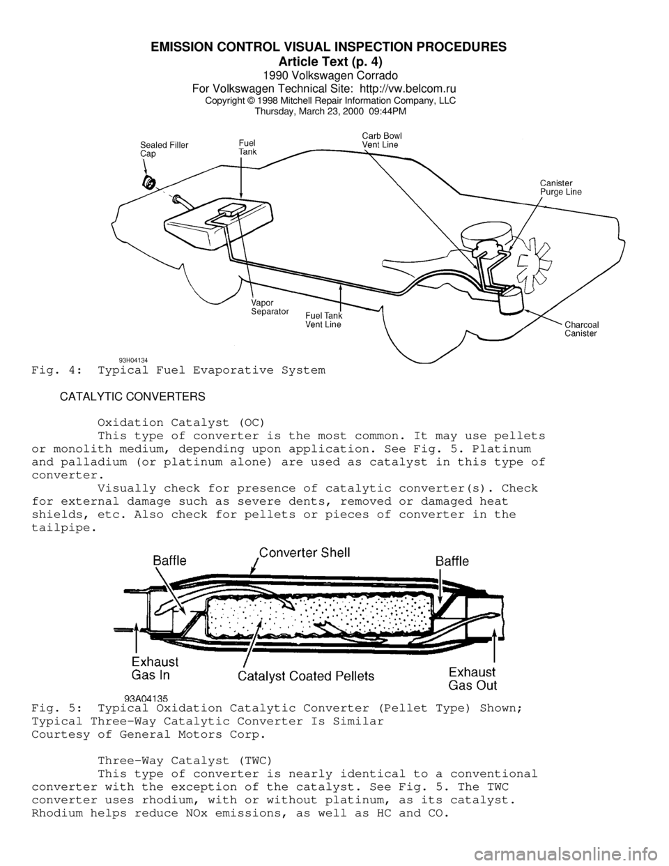 VOLKSWAGEN CORRADO 1990 Repair Manual EMISSION CONTROL VISUAL INSPECTION PROCEDURES
Article Text (p. 4)
1990 Volkswagen Corrado
For Volkswagen Technical Site: http://vw.belcom.ru
Copyright © 1998 Mitchell Repair Information Company VOLKSWAGEN CORRADO 1990 Repair Manual EMISSION CONTROL VISUAL INSPECTION PROCEDURES
Article Text (p. 4)
1990 Volkswagen Corrado
For Volkswagen Technical Site: http://vw.belcom.ru
Copyright © 1998 Mitchell Repair Information Company