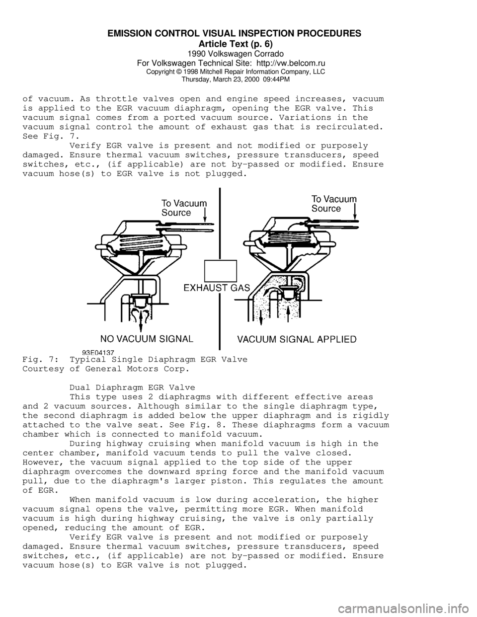 VOLKSWAGEN CORRADO 1990  Repair Manual EMISSION CONTROL VISUAL INSPECTION PROCEDURES 
Article Text (p. 6)
1990 Volkswagen Corrado
For Volkswagen Technical Site:  http://vw.belcom.ru    
Copyright © 1998 Mitchell Repair Information Company