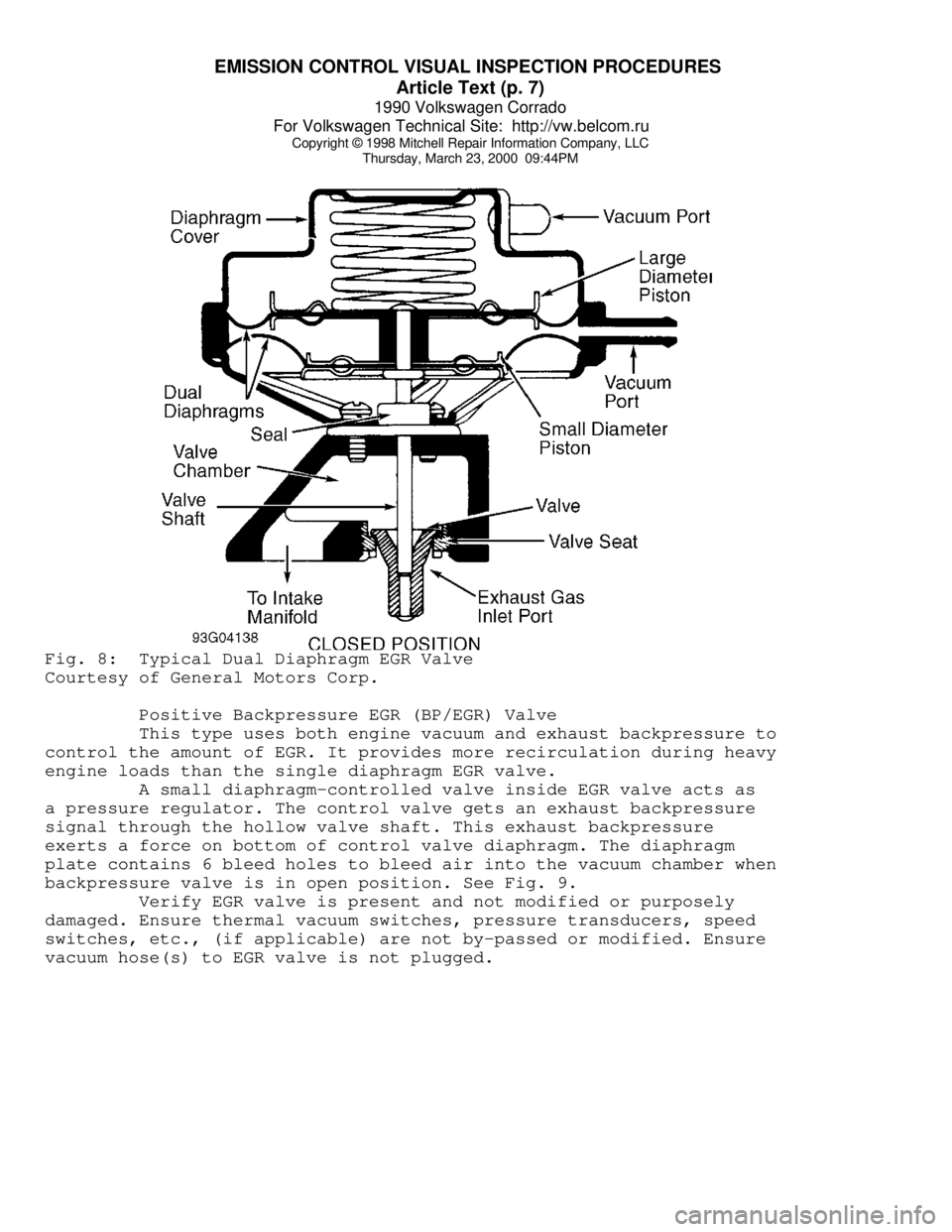 VOLKSWAGEN CORRADO 1990  Repair Manual EMISSION CONTROL VISUAL INSPECTION PROCEDURES 
Article Text (p. 7)
1990 Volkswagen Corrado
For Volkswagen Technical Site:  http://vw.belcom.ru    
Copyright © 1998 Mitchell Repair Information Company