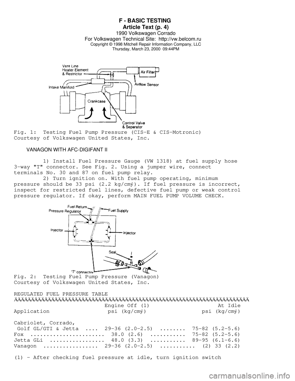 VOLKSWAGEN CORRADO 1990  Repair Manual F - BASIC TESTING 
Article Text (p. 4)
1990 Volkswagen Corrado
For Volkswagen Technical Site:  http://vw.belcom.ru    
Copyright © 1998 Mitchell Repair Information Company, LLC
Thursday, March 23, 20