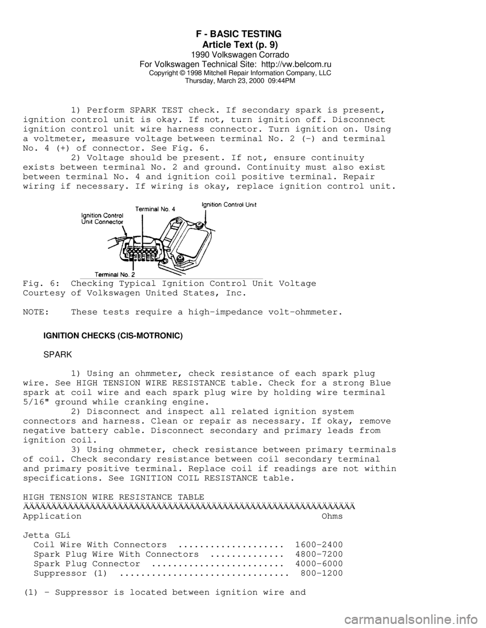 VOLKSWAGEN CORRADO 1990  Repair Manual F - BASIC TESTING 
Article Text (p. 9)
1990 Volkswagen Corrado
For Volkswagen Technical Site:  http://vw.belcom.ru    
Copyright © 1998 Mitchell Repair Information Company, LLC
Thursday, March 23, 20