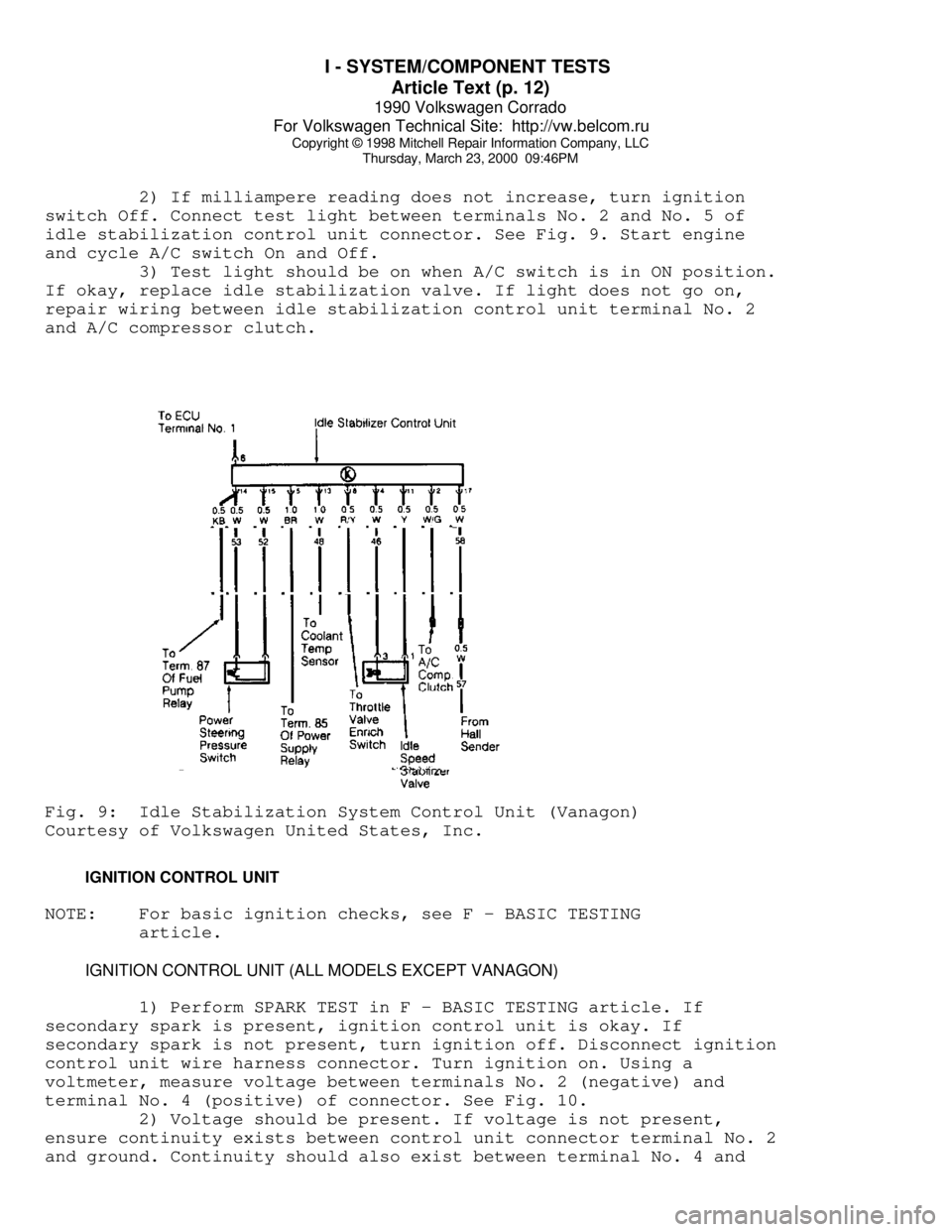VOLKSWAGEN CORRADO 1990  Repair Manual I - SYSTEM/COMPONENT TESTS 
Article Text (p. 12)
1990 Volkswagen Corrado
For Volkswagen Technical Site:  http://vw.belcom.ru    
Copyright © 1998 Mitchell Repair Information Company, LLC
Thursday, Ma