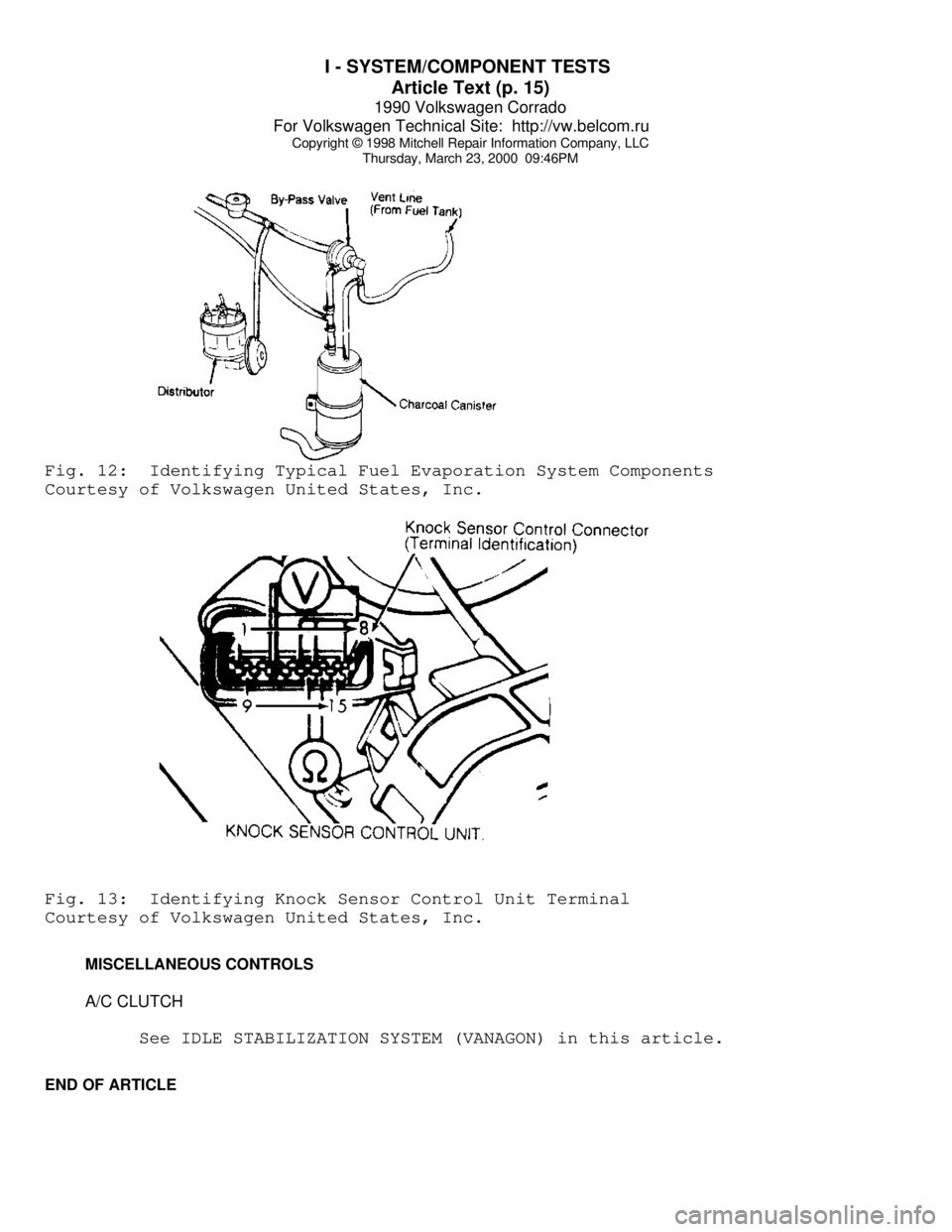 VOLKSWAGEN CORRADO 1990  Repair Manual I - SYSTEM/COMPONENT TESTS 
Article Text (p. 15)
1990 Volkswagen Corrado
For Volkswagen Technical Site:  http://vw.belcom.ru    
Copyright © 1998 Mitchell Repair Information Company, LLC
Thursday, Ma