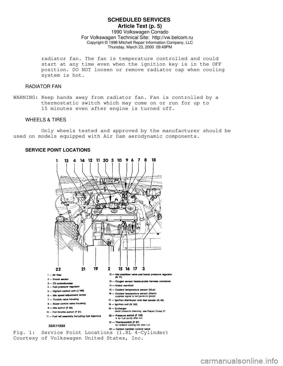 VOLKSWAGEN CORRADO 1990  Repair Manual SCHEDULED SERVICES 
Article Text (p. 5)
1990 Volkswagen Corrado
For Volkswagen Technical Site:  http://vw.belcom.ru    
Copyright © 1998 Mitchell Repair Information Company, LLC
Thursday, March 23, 2