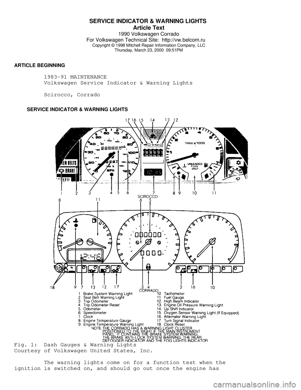 VOLKSWAGEN CORRADO 1990  Repair Manual SERVICE INDICATOR & WARNING LIGHTS 
Article Text
1990 Volkswagen Corrado
For Volkswagen Technical Site:  http://vw.belcom.ru    
Copyright © 1998 Mitchell Repair Information Company, LLC
Thursday, Ma