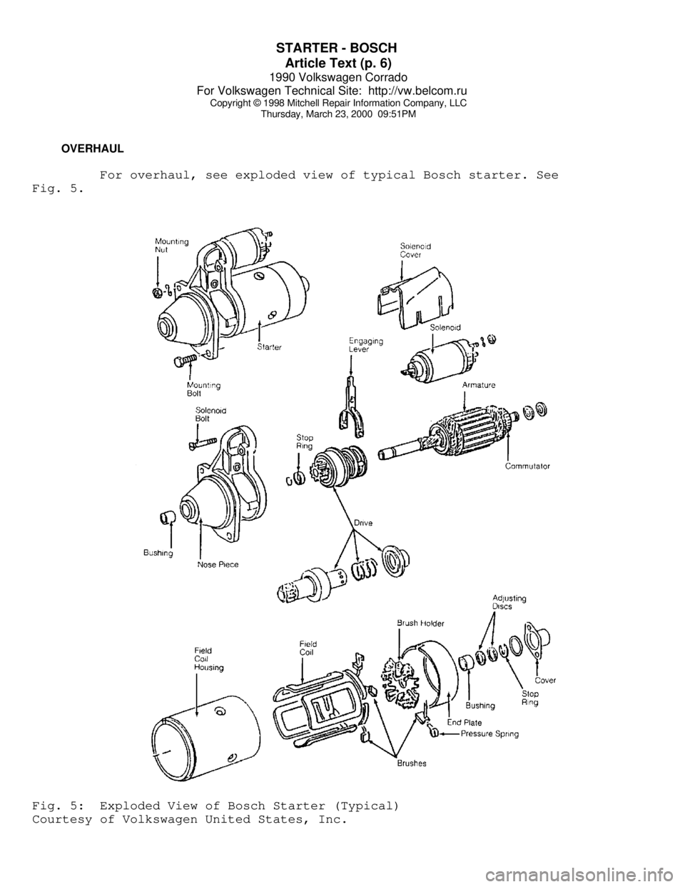 VOLKSWAGEN CORRADO 1990  Repair Manual STARTER - BOSCH 
Article Text (p. 6)
1990 Volkswagen Corrado
For Volkswagen Technical Site:  http://vw.belcom.ru    
Copyright © 1998 Mitchell Repair Information Company, LLC
Thursday, March 23, 2000