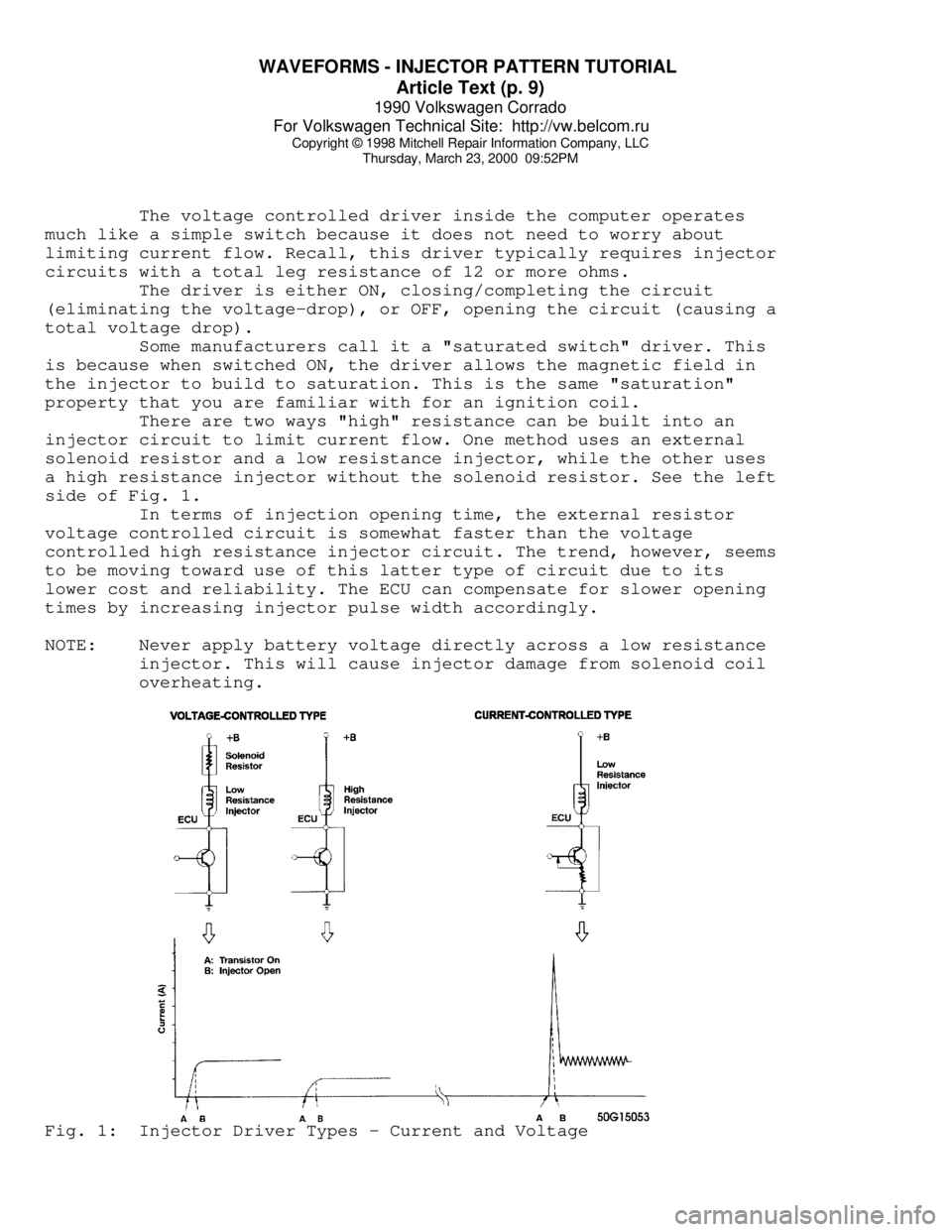 VOLKSWAGEN CORRADO 1990  Repair Manual WAVEFORMS - INJECTOR PATTERN TUTORIAL 
Article Text (p. 9)
1990 Volkswagen Corrado
For Volkswagen Technical Site:  http://vw.belcom.ru    
Copyright © 1998 Mitchell Repair Information Company, LLC
Th