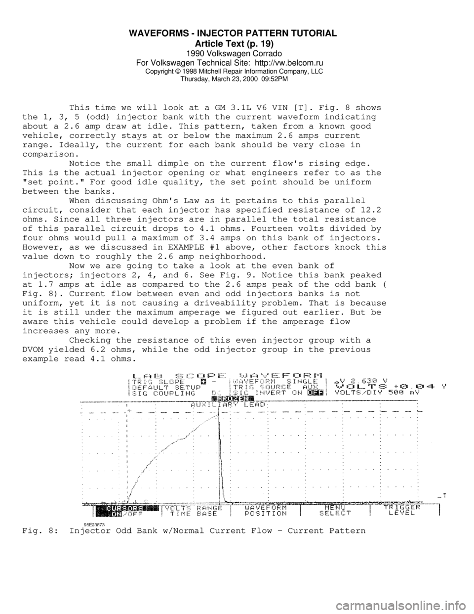 VOLKSWAGEN CORRADO 1990 Repair Manual WAVEFORMS - INJECTOR PATTERN TUTORIAL
Article Text (p. 19)
1990 Volkswagen Corrado
For Volkswagen Technical Site: http://vw.belcom.ru
Copyright © 1998 Mitchell Repair Information Company, LLC
T VOLKSWAGEN CORRADO 1990 Repair Manual WAVEFORMS - INJECTOR PATTERN TUTORIAL
Article Text (p. 19)
1990 Volkswagen Corrado
For Volkswagen Technical Site: http://vw.belcom.ru
Copyright © 1998 Mitchell Repair Information Company, LLC
T