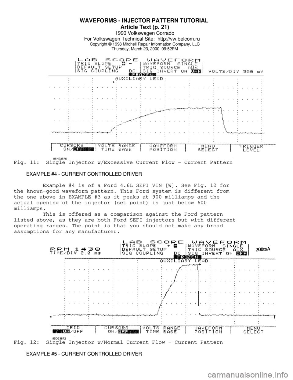 VOLKSWAGEN CORRADO 1990  Repair Manual WAVEFORMS - INJECTOR PATTERN TUTORIAL 
Article Text (p. 21)
1990 Volkswagen Corrado
For Volkswagen Technical Site:  http://vw.belcom.ru    
Copyright © 1998 Mitchell Repair Information Company, LLC
T