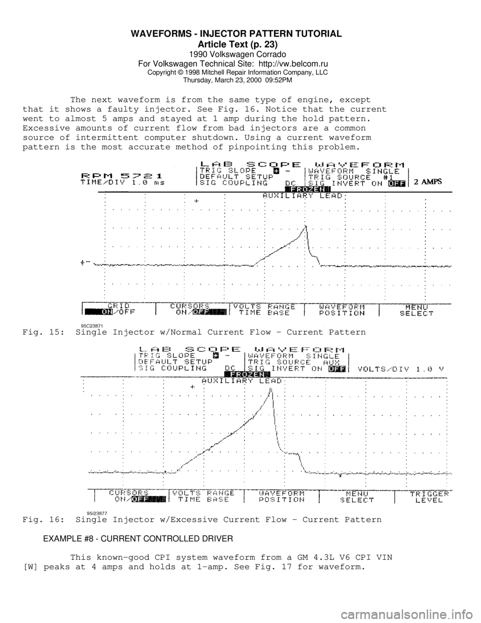 VOLKSWAGEN CORRADO 1990  Repair Manual WAVEFORMS - INJECTOR PATTERN TUTORIAL 
Article Text (p. 23)
1990 Volkswagen Corrado
For Volkswagen Technical Site:  http://vw.belcom.ru    
Copyright © 1998 Mitchell Repair Information Company, LLC
T