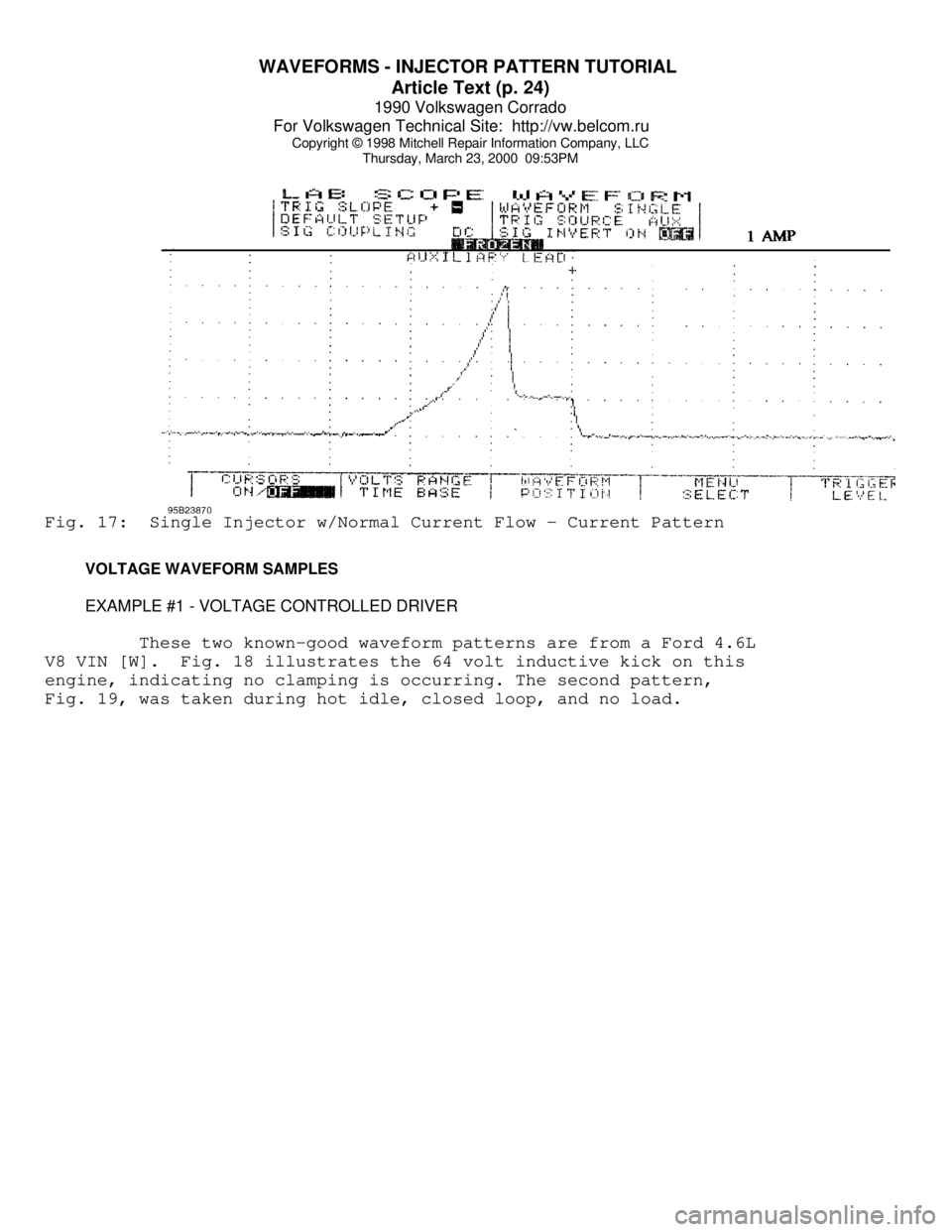 VOLKSWAGEN CORRADO 1990  Repair Manual WAVEFORMS - INJECTOR PATTERN TUTORIAL 
Article Text (p. 24)
1990 Volkswagen Corrado
For Volkswagen Technical Site:  http://vw.belcom.ru    
Copyright © 1998 Mitchell Repair Information Company, LLC
T