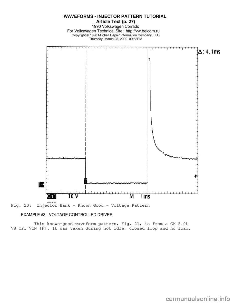 VOLKSWAGEN CORRADO 1990  Repair Manual WAVEFORMS - INJECTOR PATTERN TUTORIAL 
Article Text (p. 27)
1990 Volkswagen Corrado
For Volkswagen Technical Site:  http://vw.belcom.ru    
Copyright © 1998 Mitchell Repair Information Company, LLC
T
