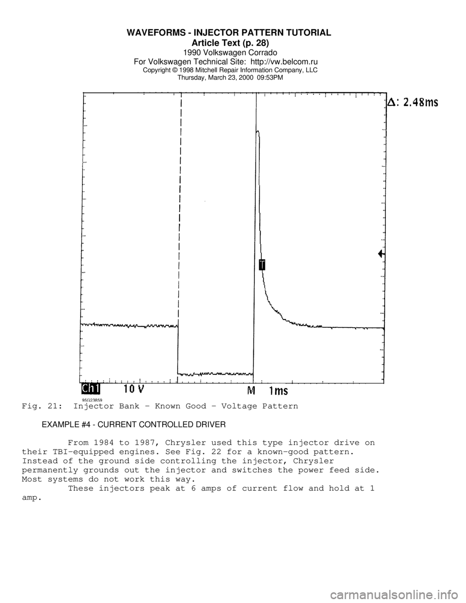VOLKSWAGEN CORRADO 1990  Repair Manual WAVEFORMS - INJECTOR PATTERN TUTORIAL 
Article Text (p. 28)
1990 Volkswagen Corrado
For Volkswagen Technical Site:  http://vw.belcom.ru    
Copyright © 1998 Mitchell Repair Information Company, LLC
T