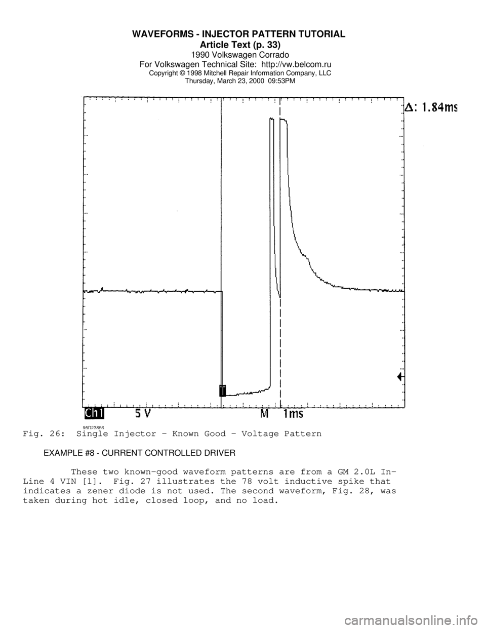 VOLKSWAGEN CORRADO 1990  Repair Manual WAVEFORMS - INJECTOR PATTERN TUTORIAL 
Article Text (p. 33)
1990 Volkswagen Corrado
For Volkswagen Technical Site:  http://vw.belcom.ru    
Copyright © 1998 Mitchell Repair Information Company, LLC
T