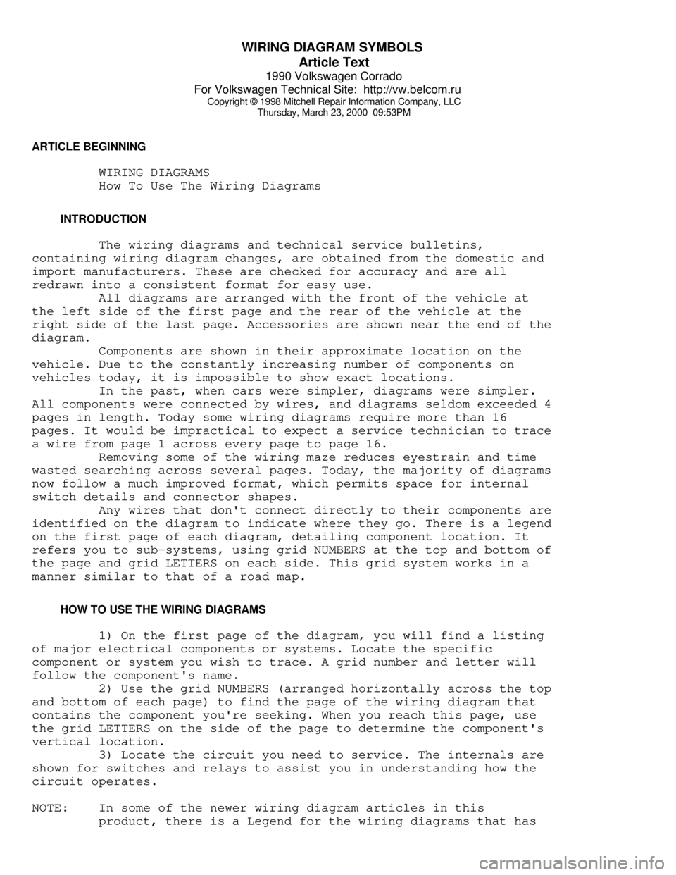 VOLKSWAGEN CORRADO 1990  Repair Manual WIRING DIAGRAM SYMBOLS 
Article Text
1990 Volkswagen Corrado
For Volkswagen Technical Site:  http://vw.belcom.ru    
Copyright © 1998 Mitchell Repair Information Company, LLC
Thursday, March 23, 2000