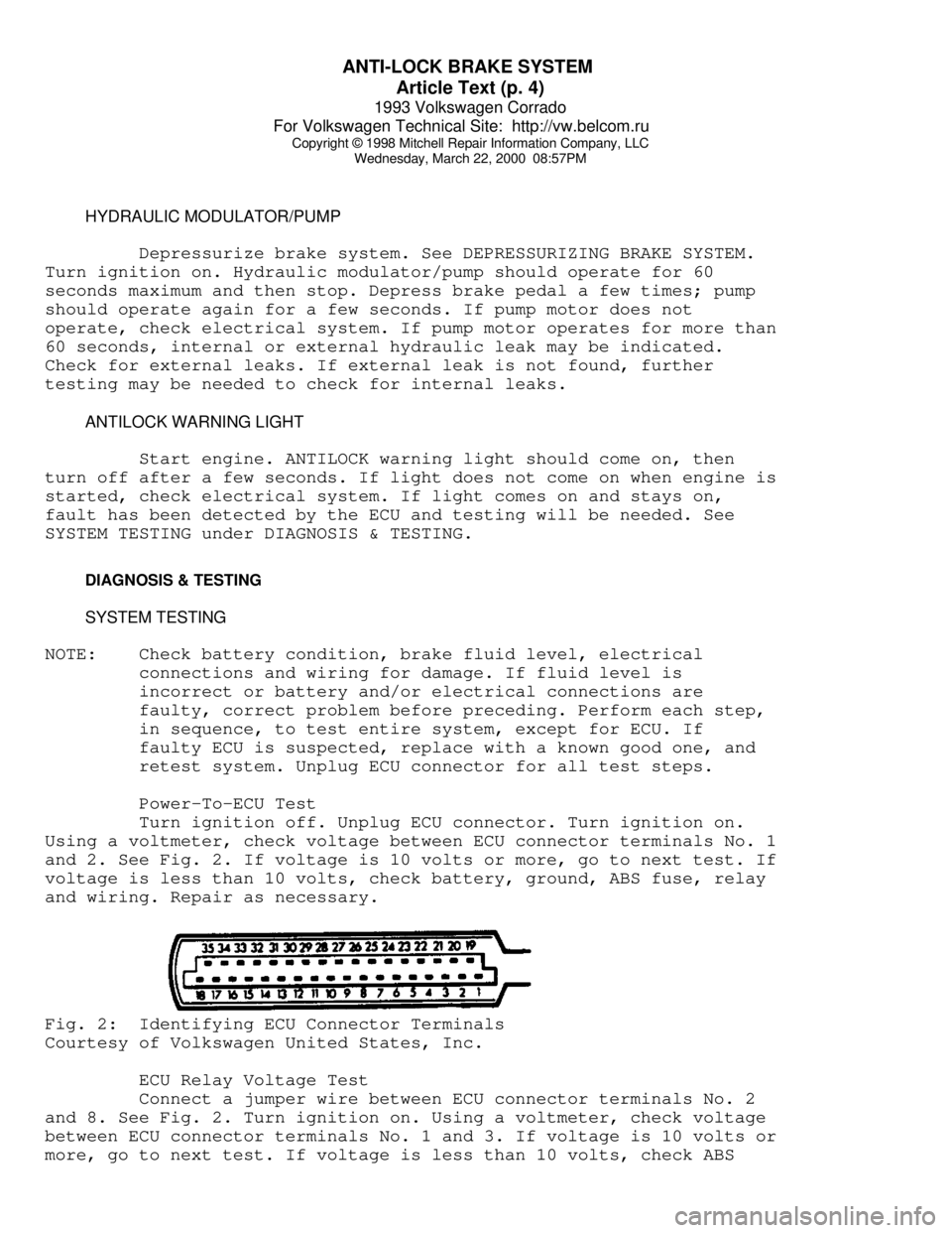 VOLKSWAGEN CORRADO 1993  Repair Manual ANTI-LOCK BRAKE SYSTEM 
Article Text (p. 4)
1993 Volkswagen Corrado
For Volkswagen Technical Site:  http://vw.belcom.ru    
Copyright © 1998 Mitchell Repair Information Company, LLC
Wednesday, March 