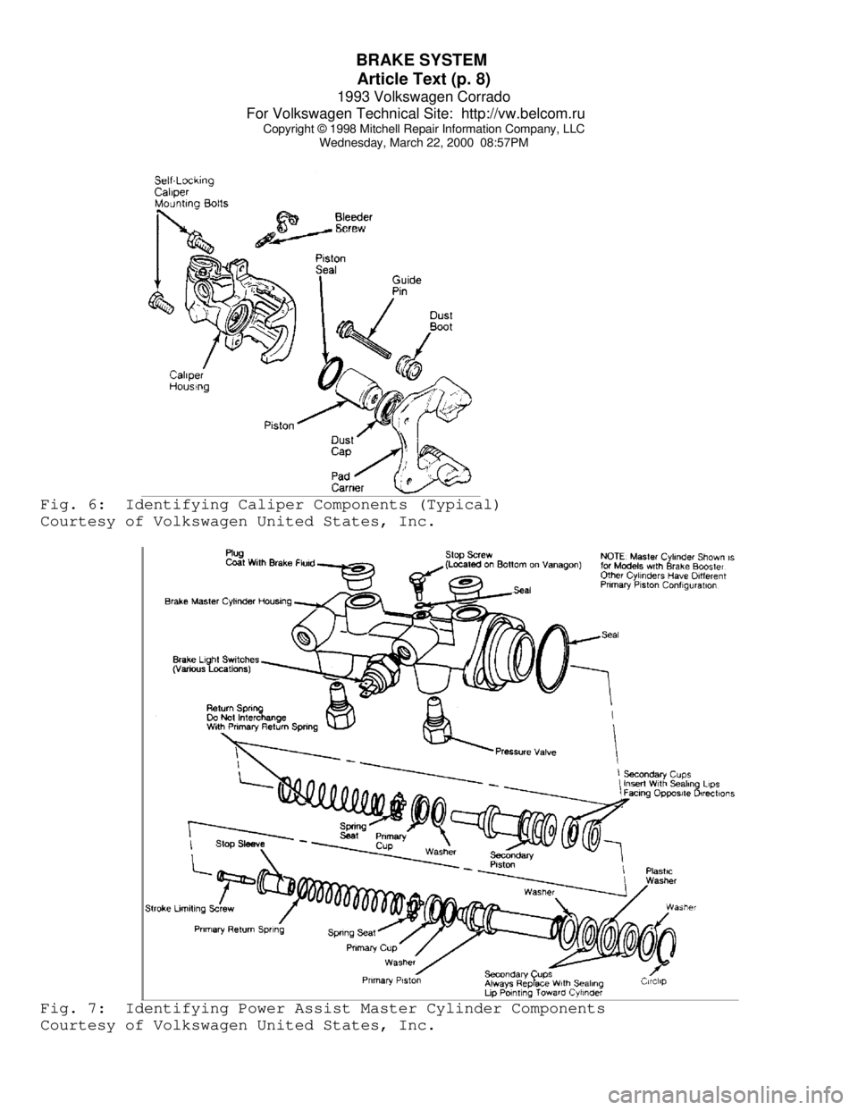 VOLKSWAGEN CORRADO 1993  Repair Manual BRAKE SYSTEM 
Article Text (p. 8)
1993 Volkswagen Corrado
For Volkswagen Technical Site:  http://vw.belcom.ru    
Copyright © 1998 Mitchell Repair Information Company, LLC
Wednesday, March 22, 2000  