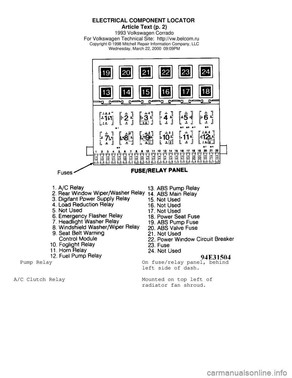 VOLKSWAGEN CORRADO 1993  Repair Manual ELECTRICAL COMPONENT LOCATOR 
Article Text (p. 2)
1993 Volkswagen Corrado
For Volkswagen Technical Site:  http://vw.belcom.ru    
Copyright © 1998 Mitchell Repair Information Company, LLC
Wednesday, 