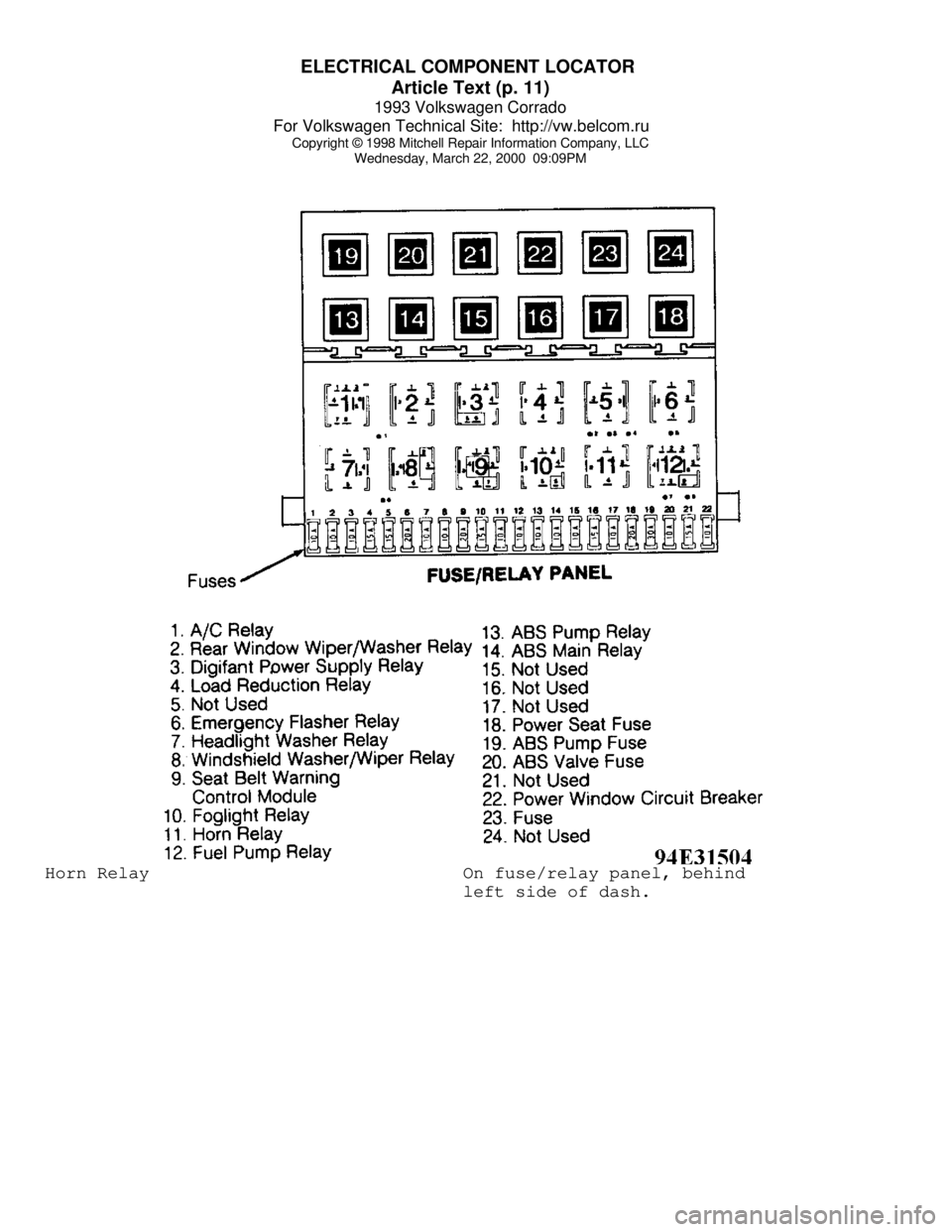 VOLKSWAGEN CORRADO 1993  Repair Manual ELECTRICAL COMPONENT LOCATOR 
Article Text (p. 11)
1993 Volkswagen Corrado
For Volkswagen Technical Site:  http://vw.belcom.ru    
Copyright © 1998 Mitchell Repair Information Company, LLC
Wednesday,