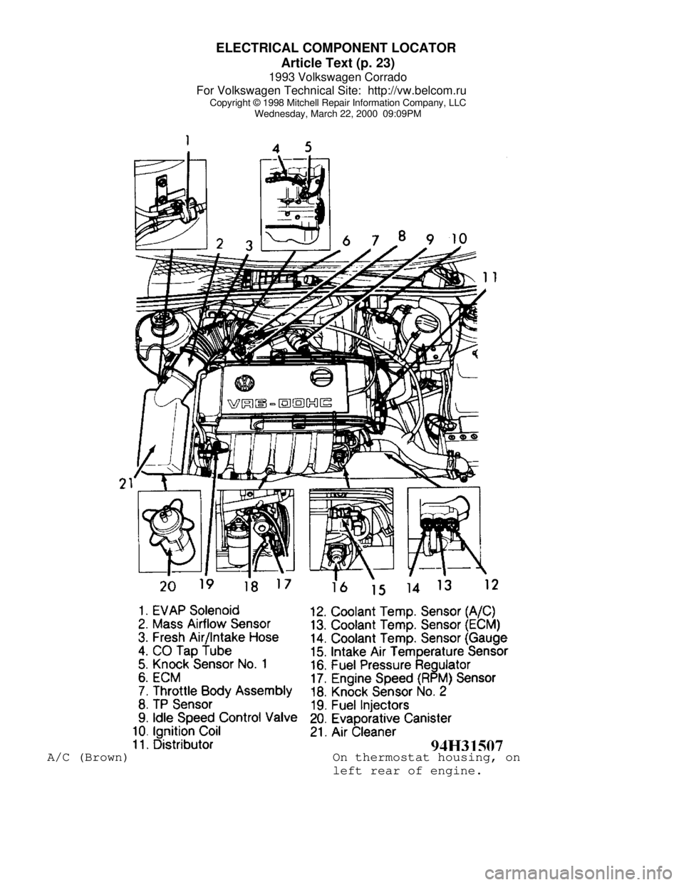 VOLKSWAGEN CORRADO 1993  Repair Manual ELECTRICAL COMPONENT LOCATOR 
Article Text (p. 23)
1993 Volkswagen Corrado
For Volkswagen Technical Site:  http://vw.belcom.ru    
Copyright © 1998 Mitchell Repair Information Company, LLC
Wednesday,