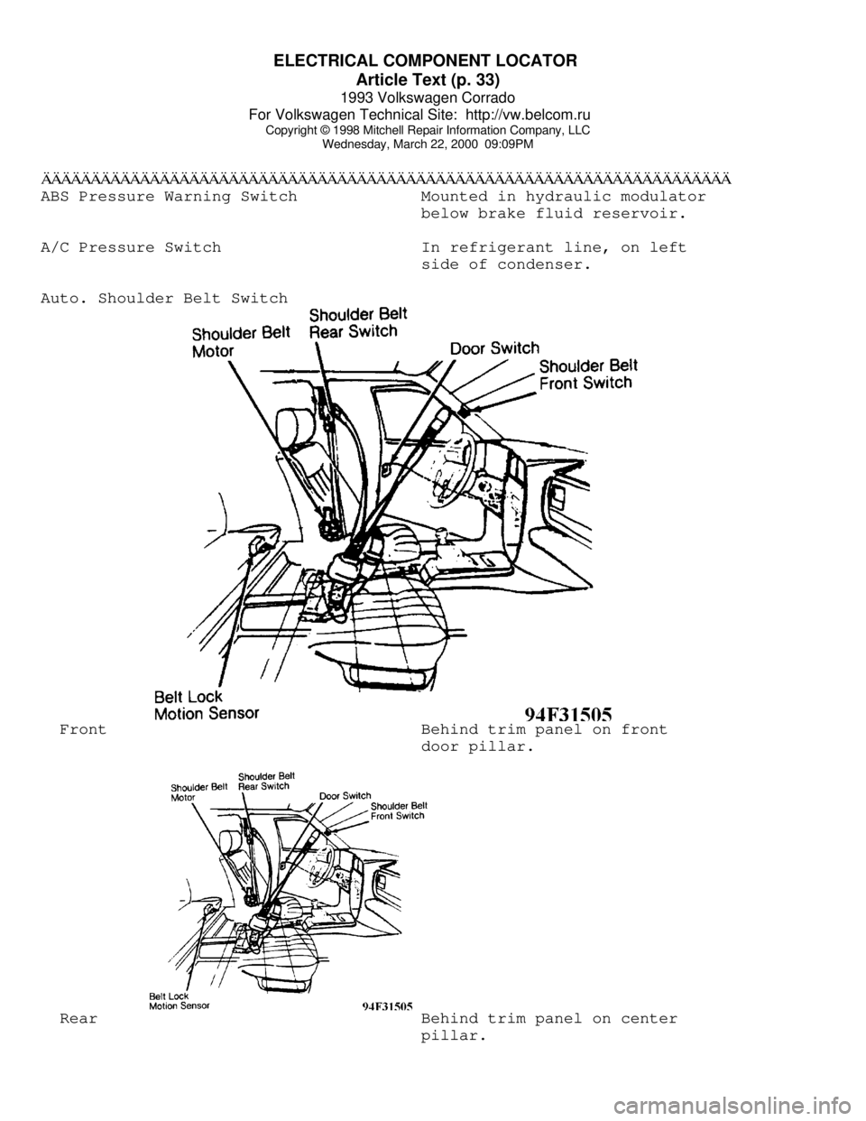 VOLKSWAGEN CORRADO 1993  Repair Manual ELECTRICAL COMPONENT LOCATOR 
Article Text (p. 33)
1993 Volkswagen Corrado
For Volkswagen Technical Site:  http://vw.belcom.ru    
Copyright © 1998 Mitchell Repair Information Company, LLC
Wednesday,