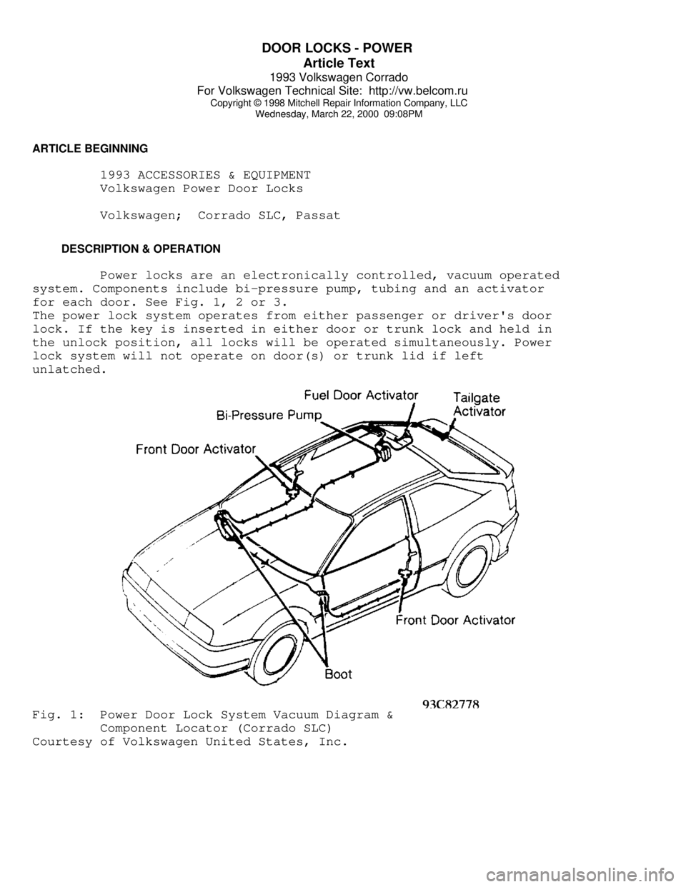 VOLKSWAGEN CORRADO 1993  Repair Manual DOOR LOCKS - POWER 
Article Text
1993 Volkswagen Corrado
For Volkswagen Technical Site:  http://vw.belcom.ru    
Copyright © 1998 Mitchell Repair Information Company, LLC
Wednesday, March 22, 2000  0