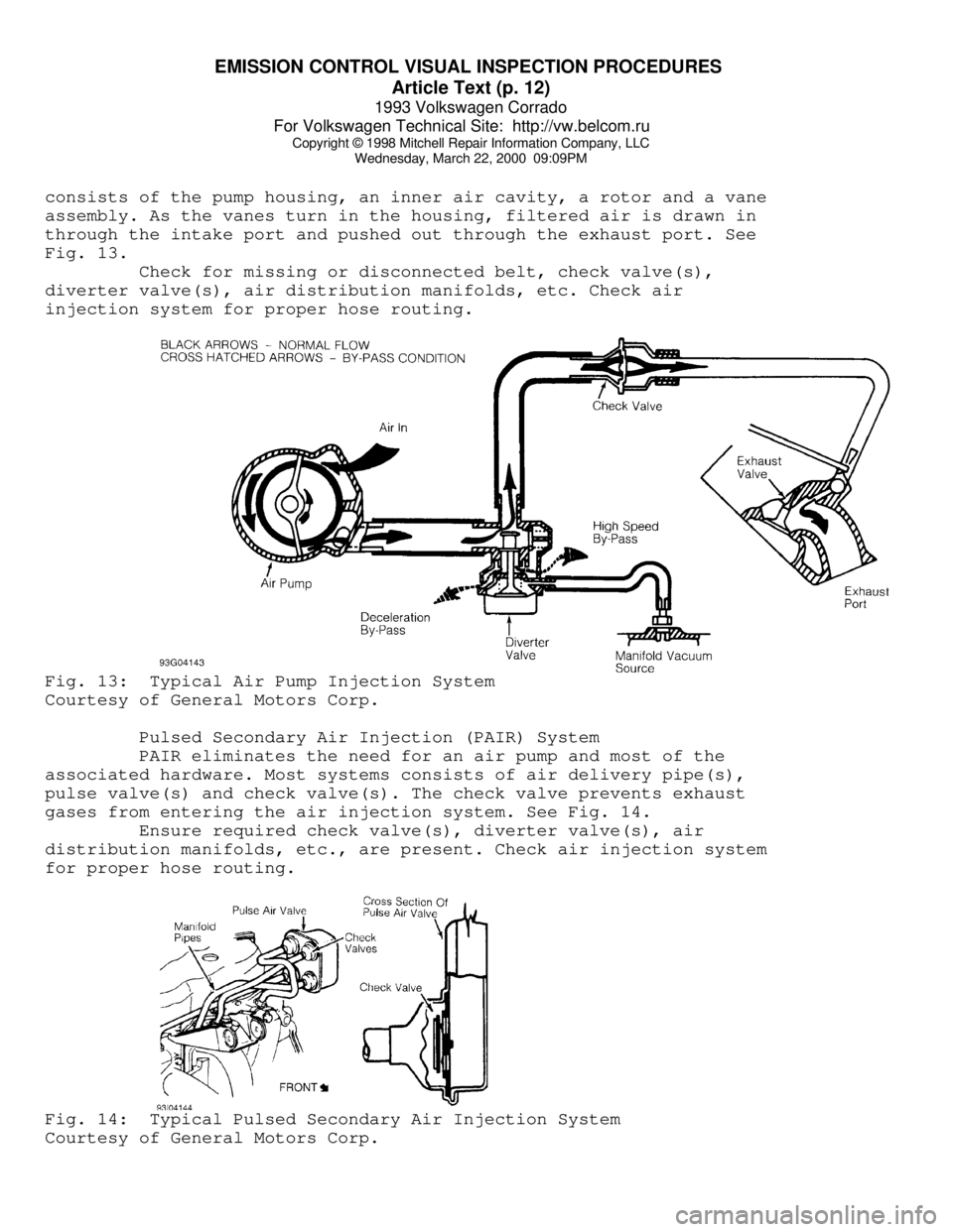 VOLKSWAGEN CORRADO 1993 Repair Manual EMISSION CONTROL VISUAL INSPECTION PROCEDURES
Article Text (p. 12)
1993 Volkswagen Corrado
For Volkswagen Technical Site: http://vw.belcom.ru
Copyright © 1998 Mitchell Repair Information Compan VOLKSWAGEN CORRADO 1993 Repair Manual EMISSION CONTROL VISUAL INSPECTION PROCEDURES
Article Text (p. 12)
1993 Volkswagen Corrado
For Volkswagen Technical Site: http://vw.belcom.ru
Copyright © 1998 Mitchell Repair Information Compan